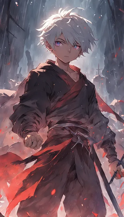 An epic scene in a desolate village reduced to ruin, it is snowing and there is a young white-haired boy who even bruised and bleeding holds a sword and faces a giant demon with dark skin and big horns