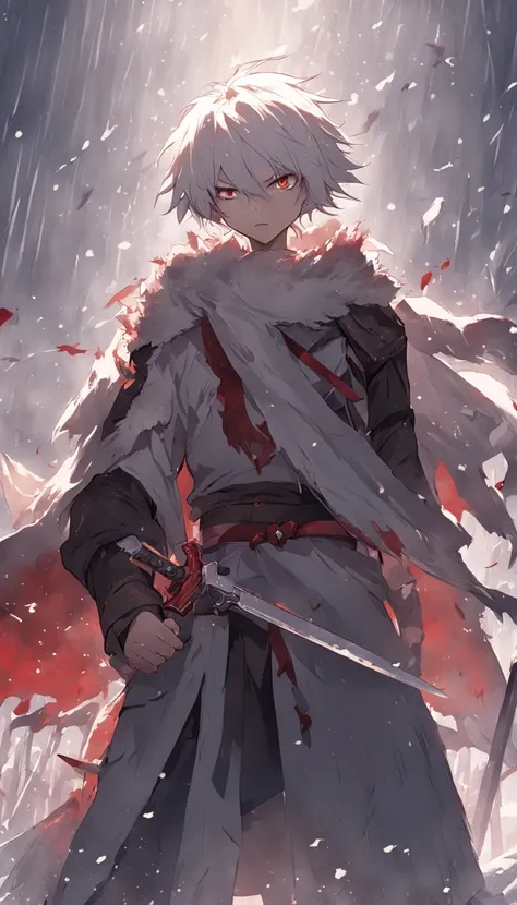 An epic scene in a desolate village reduced to ruin, it is snowing and there is a young white-haired boy who even bruised and bleeding holds a sword and faces a giant demon with dark skin and big horns