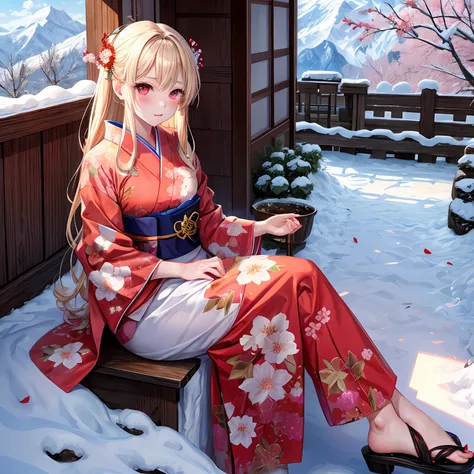 a blond、red eyes、Beautiful girl alone、Floral kimono、red blush、sitting on、snowfall、in mountains