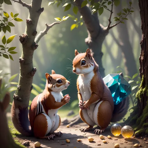 On a tree in a crystal house, a squirrel eats golden nuts, realistic render, aesthetic, lifelike, intricat, midjourney v5, octane render, professional photographer,24k, beautiful, colorful --auto --s2