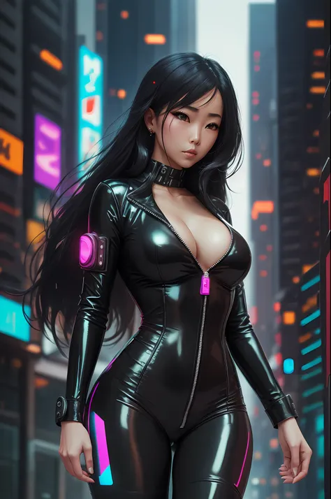 cyberpunk girl, black latex suit unzipped all the way down,  cyberpunk city background, Asian,  long black hair, athletic build, sexy, dynamic, --auto --s2