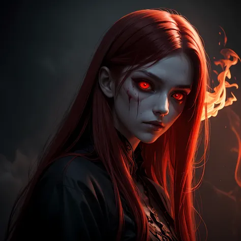 dark, unholy, evil, astral, creepy style, undead, rotting skin, mystical, nice perfect face with soft skin, young beautiful girl portrait on fire, red smoke, mist, night, long red hair, glowing red eyes, from side, light red glow, void