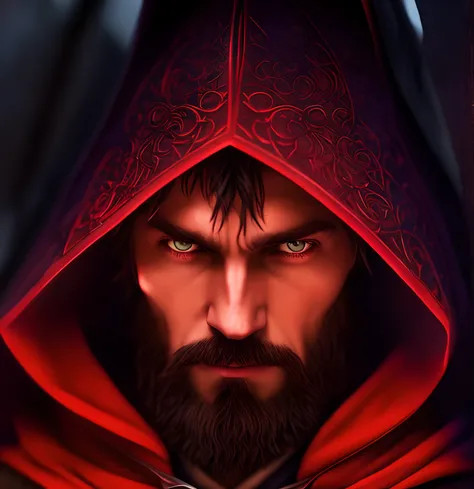 close up of rpg character, evil mage, goatee, hood, portrait of a wizard, dungeons & dragons character portrait, ultra high detail