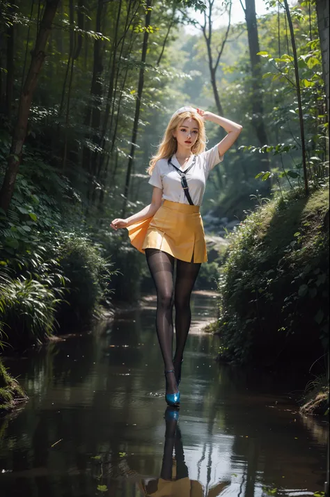 (full body:2)，(1girl:1.3),(view the viewer:1.4)，(anatomy correct:1.4),(((colorful pantyhose)):1.3), (pointed thick heels :1.3),,((Dancing By the creek in the forest):1.2),((Nurses Knee Length Skirt Set):1.3),(Extra Long blonde Hair:1.2),(Accurate and perfe...