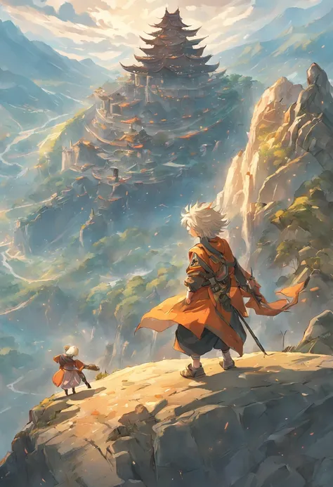 （Young monk），dragon slayer，Turtle，Winding around the top of the mountain，Huge tortoise，mythological beasts，High altitude，Faraway view，super detailing，best qualtiy，tmasterpiece，4K，Epic artwork