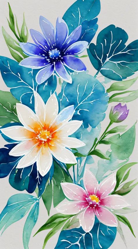 watercolor, flower, beautiful, watercolor style, flower and leaf patterns, wet on wet technique, muted, indigo, fabric design, flat illustration, highly detailed clean, vector image, masterpiece, professional, isometric, bright vector, white background, dr...