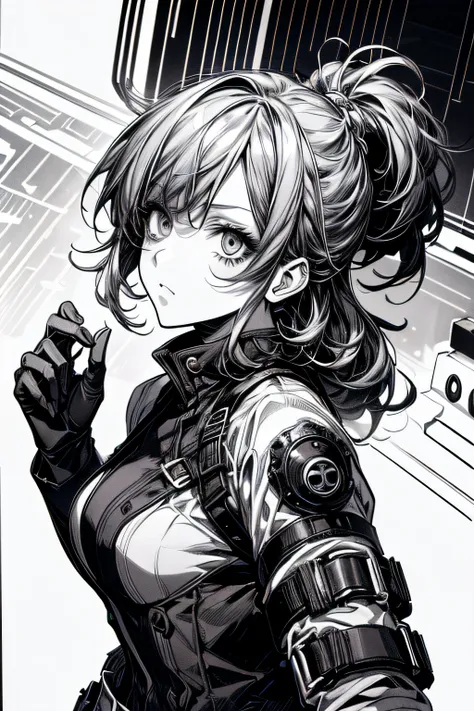 (Comic Noir Style),(linear art_Anime),(black-and-white_High contrast),(masutepiece, Best Quality, ),(Laura Bad Picture:1.2),(Lora Add Details:1.2),8K, Flat color:1.2,1girl in,Chibi,steampunc、machinery background