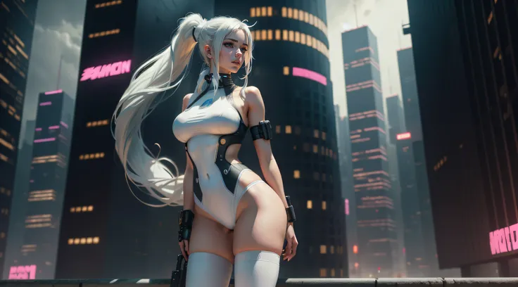 long whitr hair，Tie a ponytail，White tights in cyberpunk style，Tall and tall，huge tit，Background city