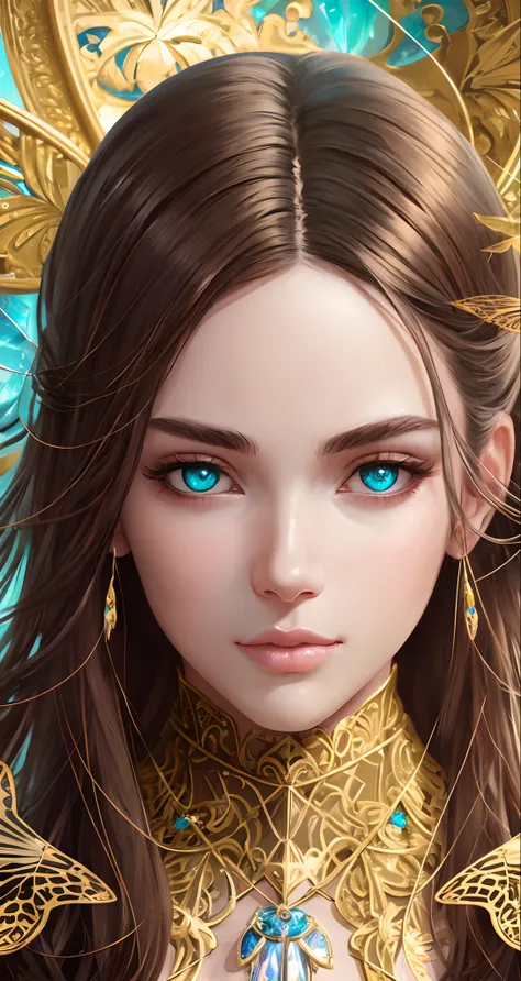 **8k portrait of beautiful cyborg with brown hair, intricate, elegant, highly detailed, majestic, digital photography, art by artgerm and ruan jia and greg rutkowski surreal painting gold butterfly filigree, broken glass, (masterpiece, sidelighting, finely...