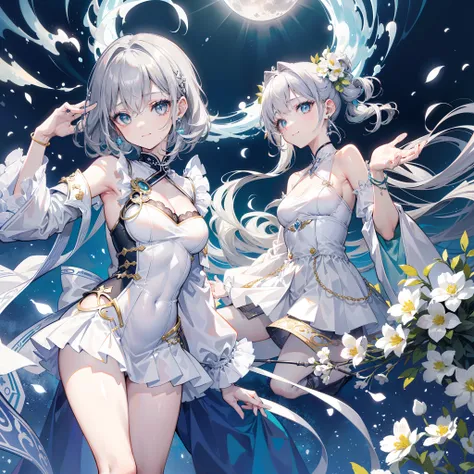 ・((Original Characters)): (a moon)
・((Volume Lighting)): (with light glowing)
・((portlate)): (green pupils)
・((hair style)): (Gray hair, medium height, Wavy)
・((Hairpin)): (Moon-shaped silver pin)
・((makeups)): (Pale Pink Eyeliner)
・((garments)): (Blue Sil...