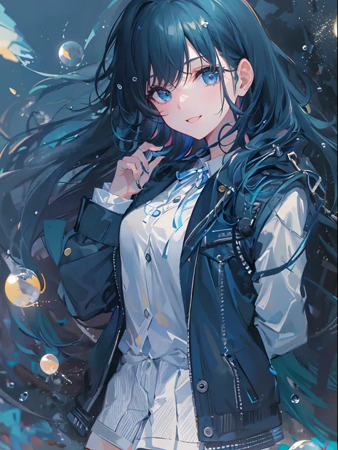 ((top-quality)), ((​masterpiece)), ((ultra-detailliert)), (extremely delicate and beautiful), girl with, 独奏, cold attitude,((Black jacket)),She is very(relax)with  the(Settled down)Looks,A dark-haired, depth of fields,evil smile,Bubble, under the water, Ai...