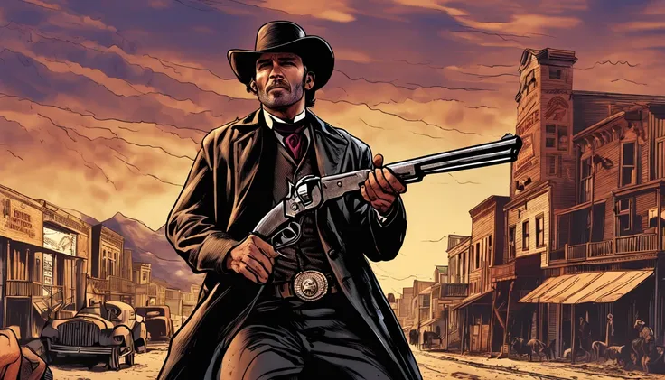 old american west - Drawing - gunslinger, 35 years old, dark hair, - black hat riding dark horse - city street
- realistic - cinematic - colorful -- ar 16:9