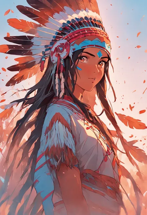 Christophe Young style; painting of award winning full body portrait of a beautiful native american woman with head a native american headdress, holding a Bow , paint splashes, hair blowing in the wind, flower petals, willow tree in background, outrun, dig...