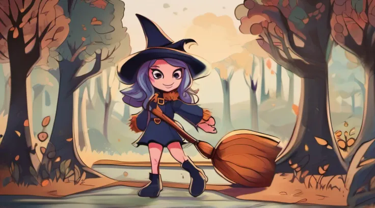 Criar um personagem de desenho animado, a nice little witch, o estilo do desenho 2D colorido