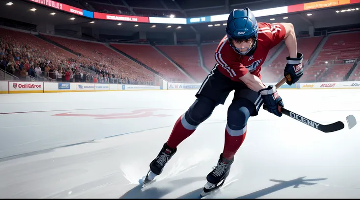 A powerful hockey player rides fast through a hockey stadium