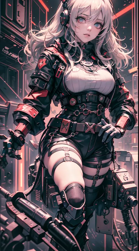 (1girl in)、(Plump beauty)、(White hair)、(Red mesh)、(30-years old)、(Top image quality)、(8K picture quality)、(cyberpunked)、(masutepiece)、 (Flickering of light)、(Wear a cyberpunk military uniform)、(Red sword)、cinematric light, Cinema Shadow, Sharp Image, Extre...