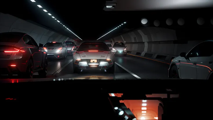 A spaceship with lights on in a tunnel at night, volumetric lighting — w 6 4 0, taken with a Sony A7R camera, detailed ambient lighting, gurney with ambient lighting, Volumetric illumination - N 9, 8K. voluminetric lighting, volumetric lighting - h 7 6 8, ...