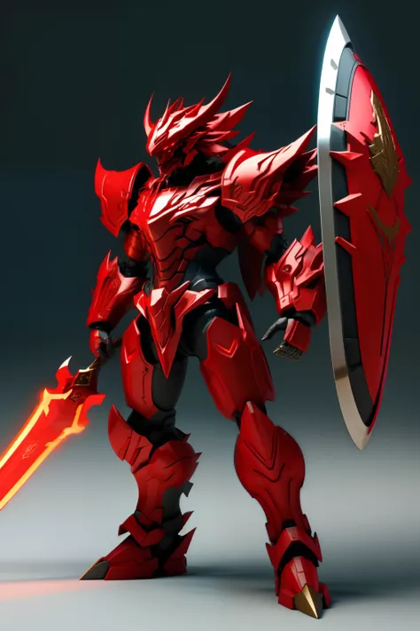 Super cute furry red dragon warrior in armor、realisitic、4K、ultra-detailliert、 vray rendered、unrealengine、Mid-Journey Art Style、Snowfield background、Sword and shield in hand、