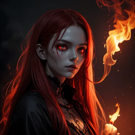 dark, unholy, evil, astral, creepy style, undead, rotting skin, mystical, nice perfect face with soft skin, young beautiful girl portrait on fire, red smoke, mist, night, red clothes long red hair, glowing red eyes, from side, light red glow, void