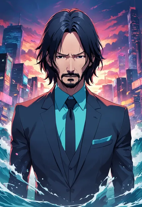 keanu reeves como john wick ::anime style vivid colors, corpo inteiro ::n_estilo olhos ruins, Deformations