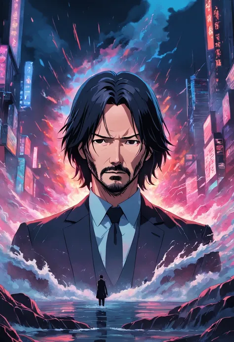 keanu reeves como john wick ::anime style vivid colors, corpo inteiro ::n_estilo olhos ruins, Deformations