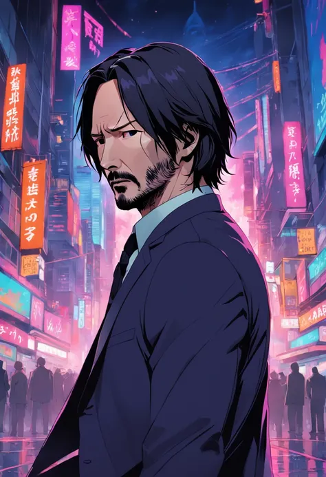 keanu reeves como john wick ::anime style vivid colors, corpo inteiro ::n_estilo olhos ruins, Deformations