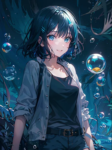 ((top-quality)), ((​masterpiece)), ((ultra-detailliert)), (extremely delicate and beautiful), girl with, 独奏, cold attitude,((Black jacket)),She is very(relax)with  the(Settled down)Looks,A dark-haired, depth of fields,evil smile,Bubble, under the water, Ai...