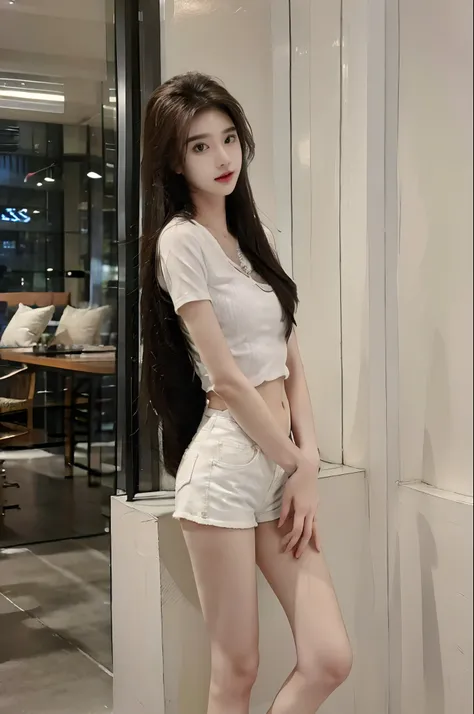 realistic, high resolution, 1 girl, long hair, korean,, loose white shirt, skinny denim shorts,, thighs, panties visible,