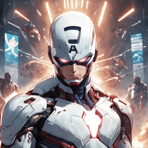 realistic depiction of the white Captain America with advanced cybernetic suit