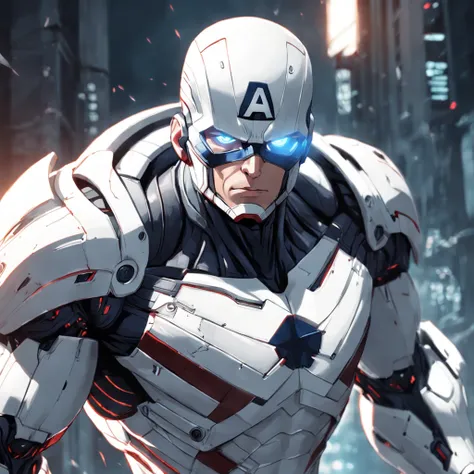 realistic depiction of the white Captain America with advanced cybernetic suit