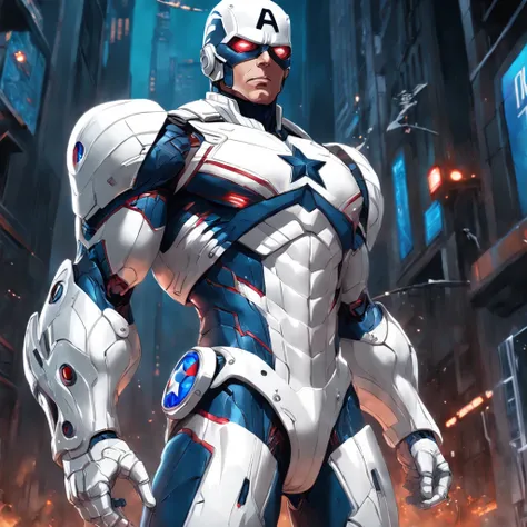 realistic depiction of the white Captain America with advanced cybernetic suit