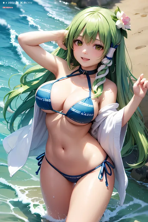 ​masterpiece, Best Quality，top-quality，{{{女の子1人}}}，独奏，{{{Sanae Dongfeng Valley/kochiya sanae}}}，{{{frog hair ornament}}}，light green hair，Long Wave Hair，hair tubes，Green eyes，White teeth，red blush，{{Big breasts}}，Sea and sandy beach background、full body se...