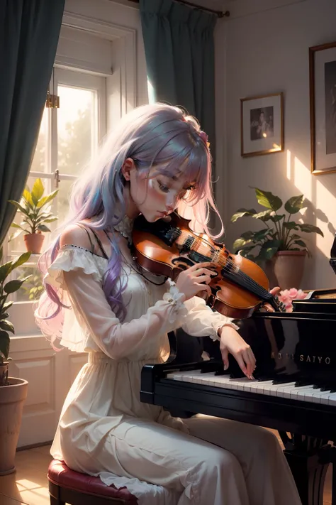 musician　artist　musical instrument　Playing an instrument　girl with　Hair long　Lashes　colourfull　Active　pop music　Music　Artistically　art by　colourfull　natural soft light　Steinway　elegent　Beautiful　houseplant　Flowers in the room　Piece of art