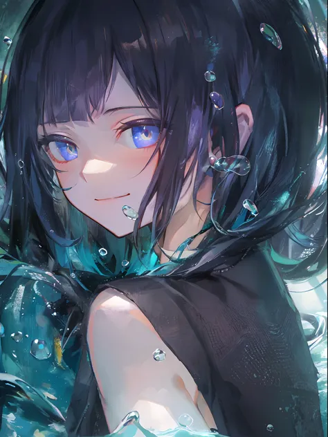 ((top-quality)), ((​masterpiece)), ((ultra-detailliert)), (extremely delicate and beautiful), girl with, 独奏, cold attitude,((Black jacket)),She is very(relax)with  the(Settled down)Looks,A dark-haired, depth of fields,evil smile,Bubble, under the water, Ai...