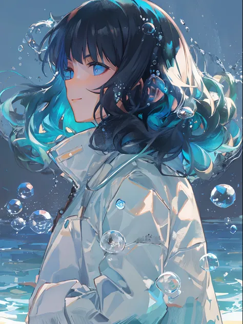 ((top-quality)), ((​masterpiece)), ((ultra-detailliert)), (extremely delicate and beautiful), girl with, 独奏, cold attitude,((Black jacket)),She is very(relax)with  the(Settled down)Looks,A dark-haired, depth of fields,evil smile,Bubble, under the water, Ai...