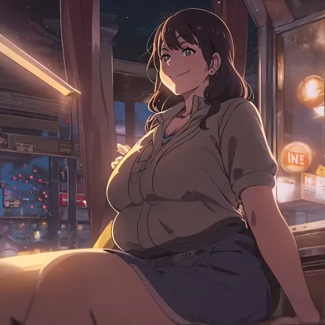 big breasts, thick thighs, mature woman, long dark brown hair, smiling affectionately, in the style of makoto shinkai, in a shut...