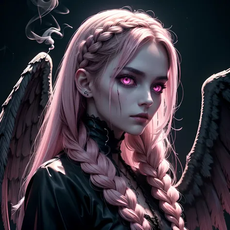 dark, unholy, evil, astral, creepy style, undead, rotting skin, mystical, nice perfect face with soft skin, young beautiful girl portrait on a tall buuilding, smoke, mist, night, long braided hair, wings, glowing pink eyes, from side, light pink glow, void