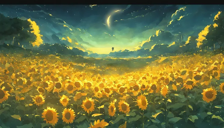 ((Midsummer Dusk)),sunflowers fields、twlight，Green Flash，landscapes，(Best Impact:1.5), (maximalism:1.7),Vivid contrast, (Realistic), hyperrealistic illustrations, hight resolution, ultra-detailliert, absurderes,(Fractal Art:1.3)，Retro、Precise focus、cinema4...