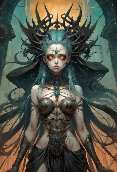 The ritual of the Queen of the Damned exposed intricate, Lado deprimido da humanidade, Por Alberto Seveso, Luis Royo e HR Giger, art-station, Escuro, e pintura digital altamente detalhada de um grupo de necromantes invocando uma poderosa criatura morta-viv...