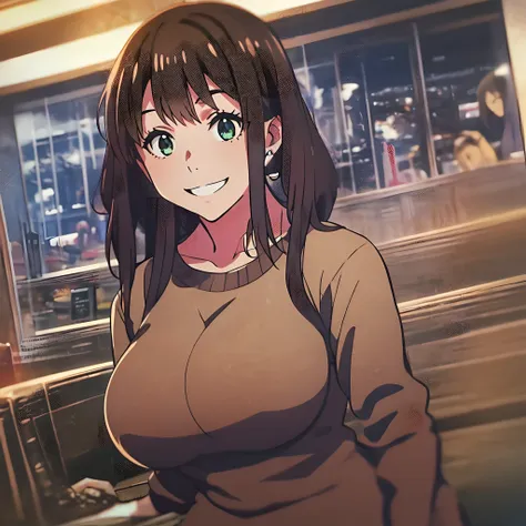 , big breasts, thick thighs, mature woman, long dark brown hair, smiling affectionately, in the style of makoto shinkai, in a sh...