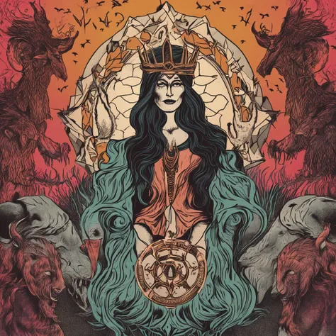 a photo of a woman with a crown and three wolves, hecate goddess, Hecate, pagan goddess, Deusa do Submundo, Norse goddess, persephone as goddess of death, Deusa da Raiva, Rainha do Submundo, deusa. detalhes extremamente altos, Mito grego do ritual escuro, ...