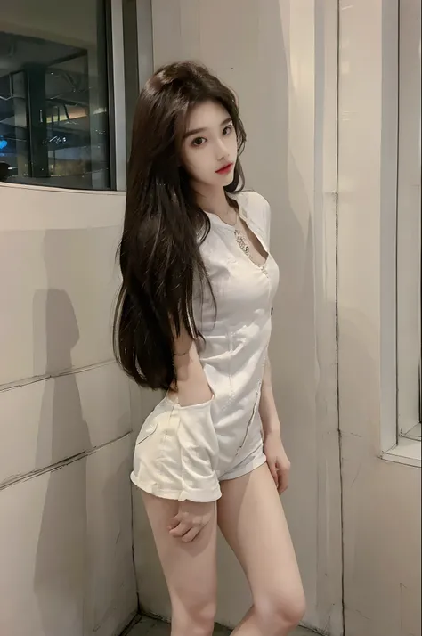 realistic, high resolution, 1 girl, long hair, korean,, loose white shirt, skinny denim shorts,, thighs, panties visible,