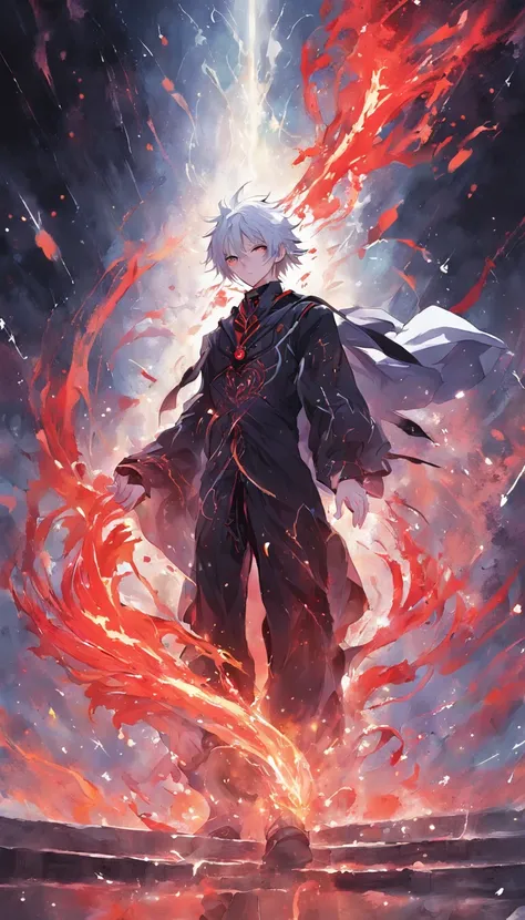 a painting that represents the essence of magic in your world, showing the white-haired, red-eyed protagonist with a mystical black mark on his neck immersed in a cascade of magical energy, with glowing particles dancing around him and arcane symbols formi...