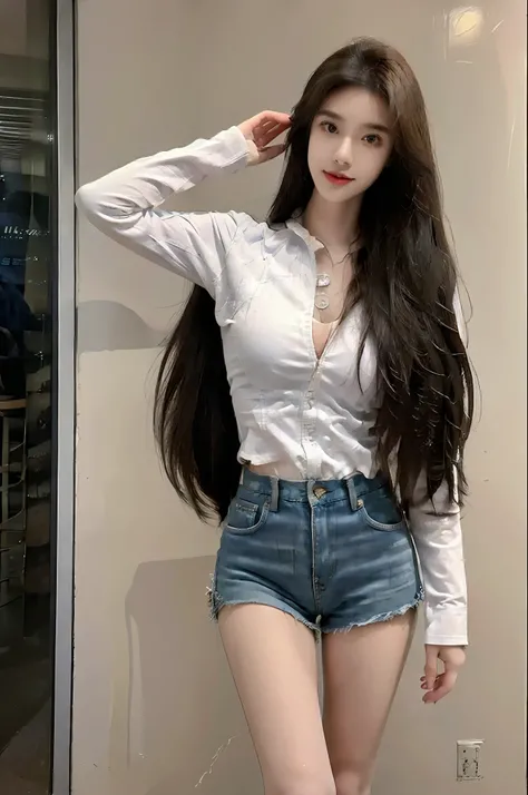 realistic, high resolution, 1 girl, long hair, korean,, loose white shirt, skinny denim shorts,, thighs, panties visible,