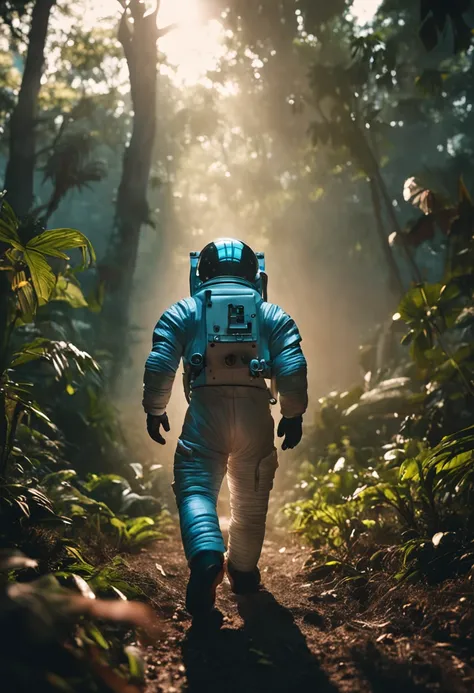 Astronaut walking in the jungle, sony a7r, 50mm lens, morningglow, 8K