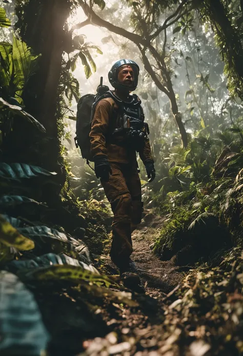 Astronaut walking in the jungle, sony a7r, 50mm lens, morningglow, 8K，of a real，Facial features are carefully depicted，Realistic skin texture，Dark style，depth of fields，high light，Real light，Ray traching，oc rendered，Hyper-realistic，best qualtiy，8K，Works of...