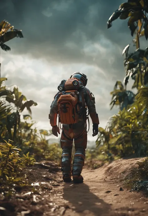 Astronaut walking in the jungle, sony a7r, 50mm lens, morningglow, 8K，of a real，Facial features are carefully depicted，Realistic skin texture，Dark style，depth of fields，high light，Real light，Ray traching，oc rendered，Hyper-realistic，best qualtiy，8K，Works of...