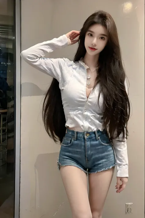 realistic, high resolution, 1 girl, long hair, korean,, loose white shirt, skinny denim shorts,, thighs, panties visible,