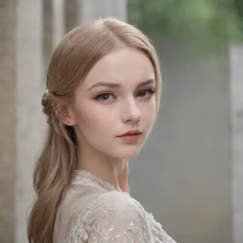 Lonely young girl, in full height, Slavic appearance: White Skin Skin; rectangular-oval face type; pointed chin with a dimple; high forehead; blond hair; hair up to the shoulders; swamp eye color; Straight nose; high nose, athletic build, Tall stature, bre...