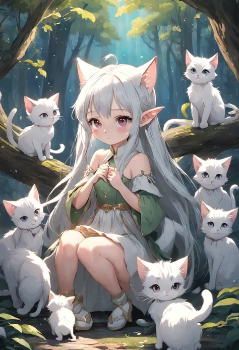 Little girl cat elf，Hairy ears，Cute looking，Inside the woods，There are a lot of small birds，Very beautiful long dress，Surrounded by a group of kittens，Big furry tail，There are snow-white hairs